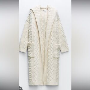 Zara Long Cable Knit Cardigan Sweater Coatigan Oatmeal Cream Pockets